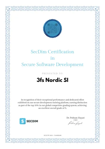 SecDim certification awarded to a customer, showing their SecDim Grade