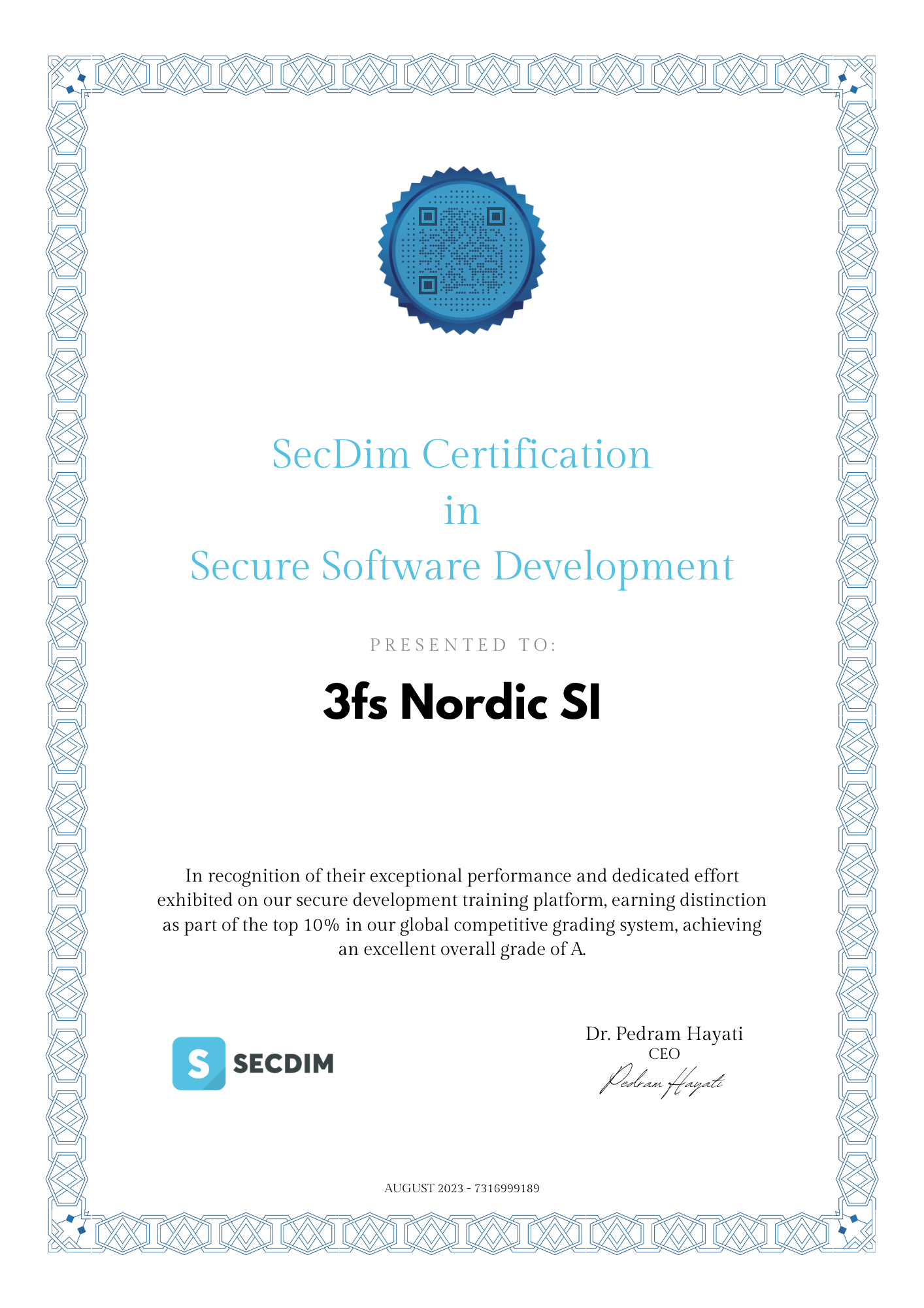 3fs Nordic's SecDim certificate